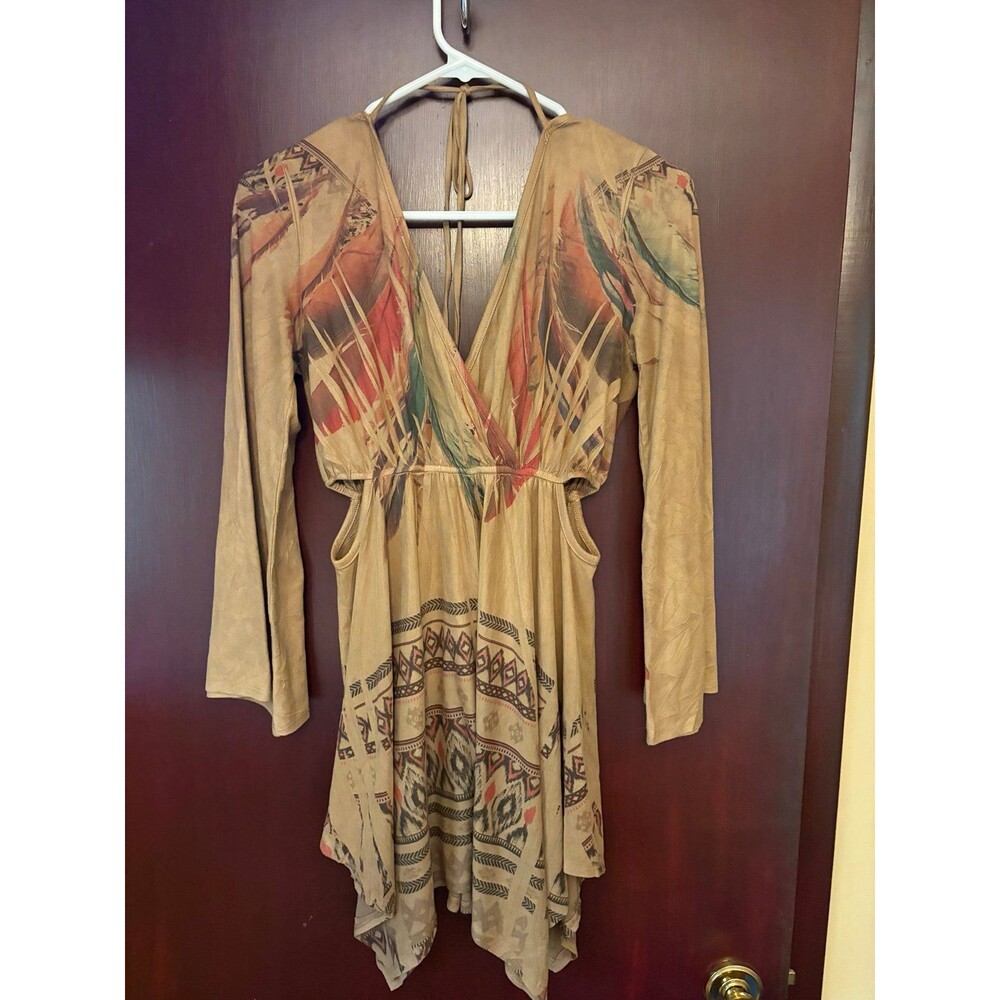 Black Bead Boho Cutout Handkerchief Hem Dress Women’s Small Feather Print - Picture 8 of 8
